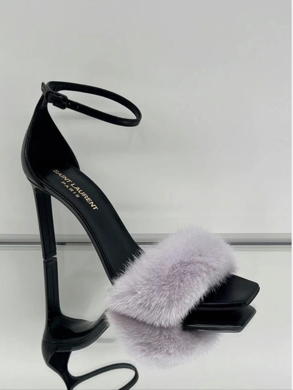 Saint Laurent Black Heels with Lilac Fur Strap - Picture 2 of 5
